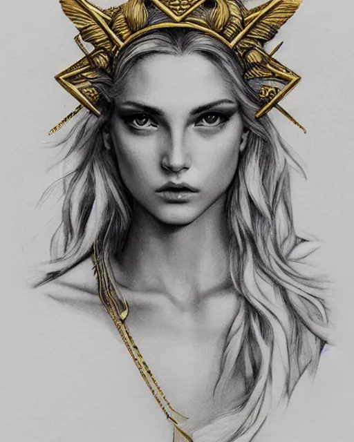 Image similar to tattoo design sketch of cute beautiful blonde super model as aphrodite greek goddess wearing a gold laurel wreath and triangle earrings, beautiful piercing gaze with sharp pupils, in the style of greg rutkowski, fantasy, amazing detail, epic, elegant, smooth, sharp focus, front view