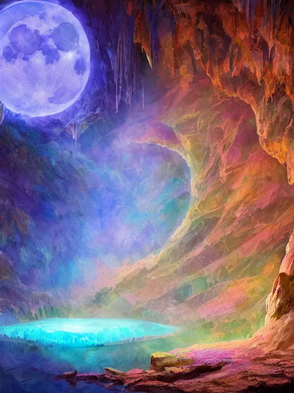 Image similar to a ultradetailed beautiful concept art of the crystal formation of the prismatic crystal of hope is filled with the wonderful colors of the emotion around it in a forgotten cave lighten by the moon light and reflecting on the surface of a quiet lake, concept art, high resolution 4 k, by artgeem