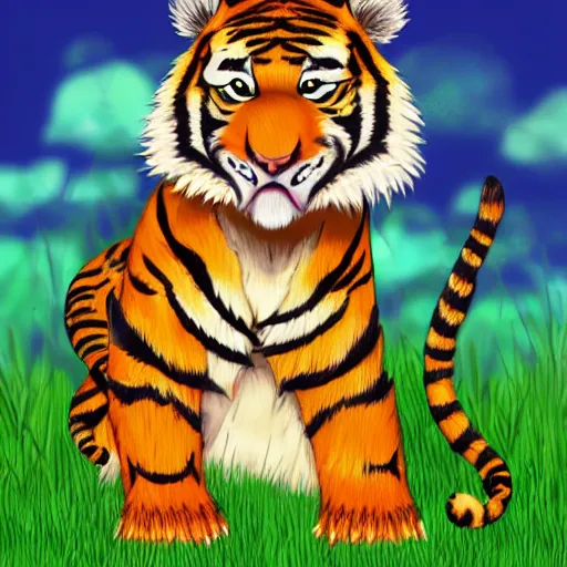 Prompt: a cutesy tiger on grass anime style trending on artstation