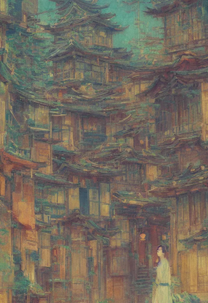 Image similar to a beautiful japanese city near the sea, amazing ryokans and gorgeous edo era houses, intense cyberpunk, lofi vibe, colorful, vivide colors, oil painting in impressionist style, by jeremy lipkin, by claude monet, by makoto shinkai, multiple brush strokes, inspired by ghibli, masterpiece, beautiful