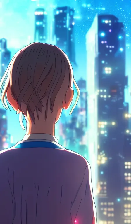 Image similar to anime fine details portrait of Eleven in front of cyberpunk moder city landscape on the background deep bokeh, close-up view, anime masterpiece by Studio Ghibli. 8k, sharp high quality anime, artstation