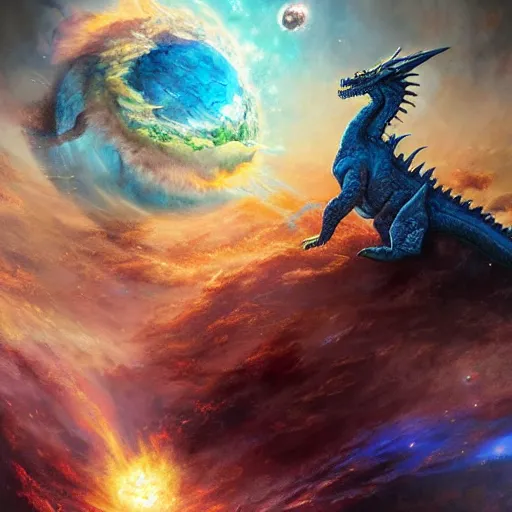 Image similar to prompt blue crystalline dragon, European dragon, devouring a planet, space, planets, moons, sun system, nebula, oil painting, by Fernanda Suarez and and Edgar Maxence and greg rutkowski