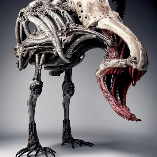 Image similar to full body studio shot of an ostrich - xenomorph hybrid, designed by h. r. giger, borg, matrix, 4 k photo