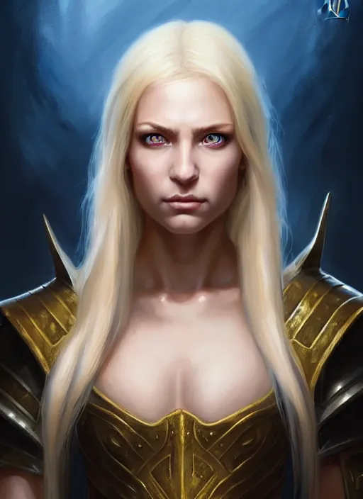 Image similar to a _ fantasy _ style _ portrait _ painting _ of timid white female paladin with blonde hair and blue eyes,, scar under left eye, holy oil _ painting _ unreal _ 5 _ daz. _ rpg _ portrait _ extremely _ detailed _ artgerm _ greg _ rutkowski _ greg