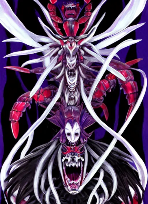 Image similar to shin megami tensei art of a demon called mi - go, crustacean humanoid, art by kazuma kaneko, ( ( ( ( ( ( ( ( ( ( human ) ) ) ) ) ) ) ) ) ) demonic! compedium!, digital drawing, white background, high quality, highly detailed