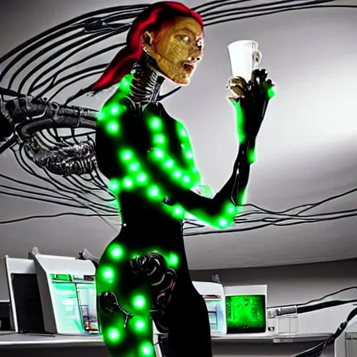 Image similar to the torso of fully a mechanical terminator lady with borg implants, human face and robotic snakes coming out of her head is hanging from cables and wires off the ceiling of an futuristic computer lab and plugged into a quantum computer. Her bottom half is missing with cables hanging out. She is taking a sip from a cup of coffee. Tiny green led lights in her cybernetics. very detailed 8k. Cyberpunk horror style.