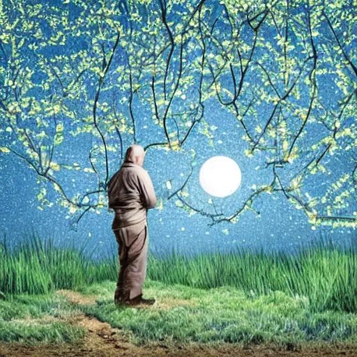 Prompt: a man is standing by apple tree. his wife has a very large silver key. fine detail. realistic. fireflies. full moon. colourful