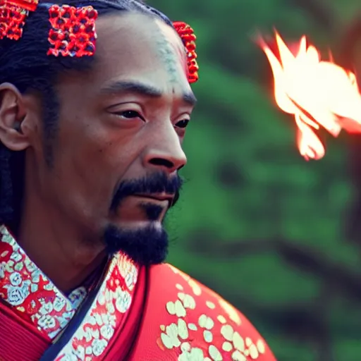 Image similar to cinematic film still of Snoop Dogg starring as a Samurai holding fire, Japanese CGI, VFX, 2022, 40mm lens, shallow depth of field, film photography