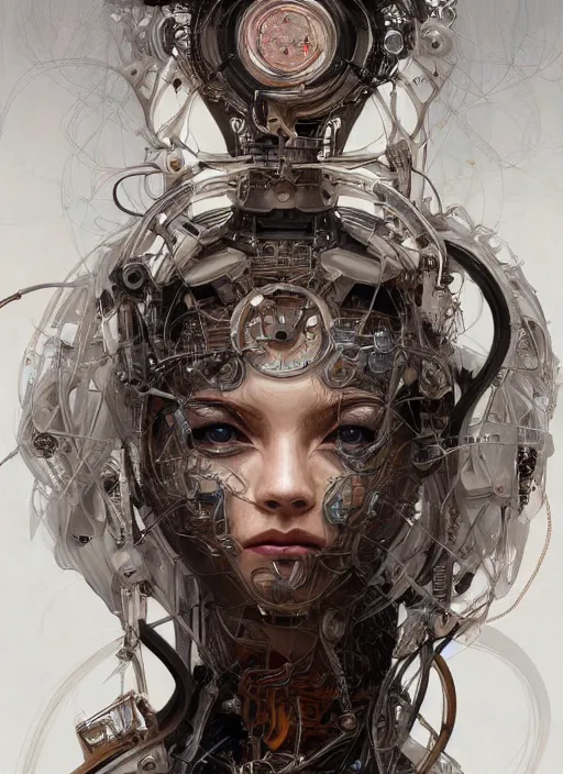 Prompt: symmetry! elsa jean, machine parts embedded into face, tubes and cables, intricate, elegant, highly detailed, digital painting, artstation, concept art, smooth, clockwork, sharp focus, illustration, art by artgerm and greg rutkowski and alphonse mucha, 8 k