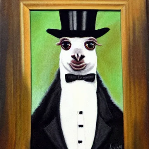 Image similar to an oil painting of a llama wearing a tuxedo and top hat