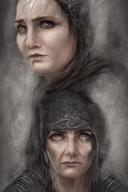Image similar to middle aged woman with sad expression, medieval clothing, lord of the rings style, highly detailed digital art, sad atmosphere, overcast weather, trending on artstation