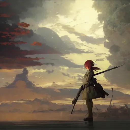 Image similar to breathtaking detailed concept art painting of military anime girl by beto val and john james audubon, exquisite detail, extremely moody lighting, 8 k rule of thirds golden ratio, fake detail, trending pixiv fanbox, acrylic palette knife, style of makoto shinkai studio ghibli genshin impact james gilleard greg rutkowski chiho aoshima