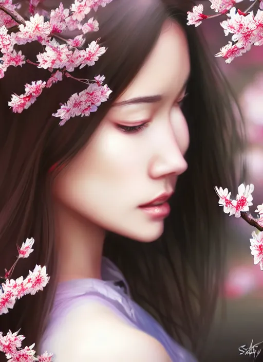 Image similar to photo of a gorgeous female in the style of stefan kostic, realistic, half body shot, sharp focus, 8 k high definition, insanely detailed, intricate, elegant, art by stanley lau and artgerm, extreme blur cherry blossoms background