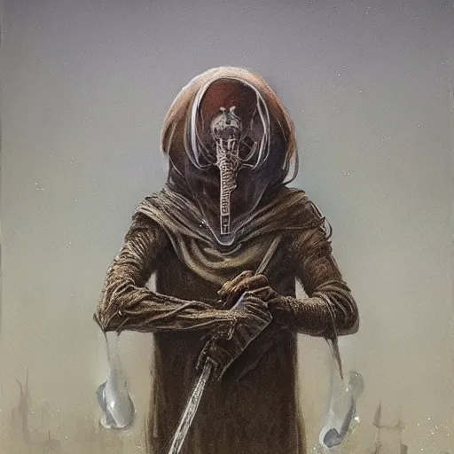 Image similar to self portrait of a quest giver. Full body with cloak and body armor, digital art, realistic, ultradetailed, concept art in the style of r/retrofuturism, art by Beksinski and Dariusz Zawadski, trending on artstation, devianart, cgsociety