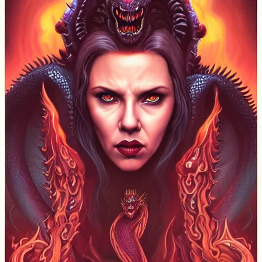 Prompt: ghotic demonic female demon satan hell portrait of scarlett johansson as queen of hell and queen of dragons, fire and flame, big long hell serpent dragon, octopus, Pixar style, by Tristan Eaton Stanley Artgerm and Tom Bagshaw.