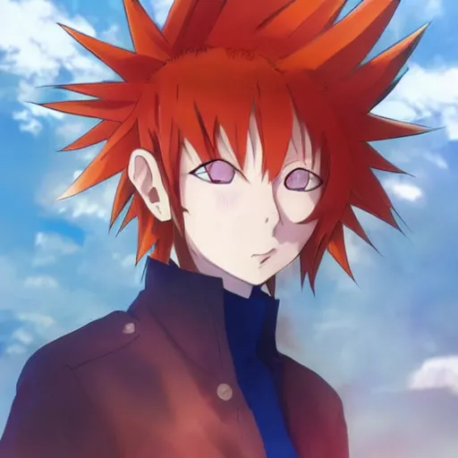 Image similar to orange - haired anime boy, 1 7 - year - old anime boy with wild spiky hair, wearing blue jacket, battle aura, aura, shibuya, blue sunshine, strong lighting, strong shadows, vivid hues, raytracing, sharp details, subsurface scattering, intricate details, hd anime, high - budget anime movie, 2 0 2 1 anime