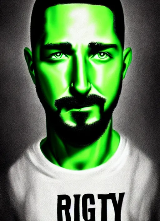 Prompt: highly detailed closeup portrait motivational poster of creepy staring shia lebouf with large bold letter motivational words by greg rutkowski, by artgerm, gradient green, black and white color scheme, grunge aesthetic!!! ( ( graffiti tag wall background ) )