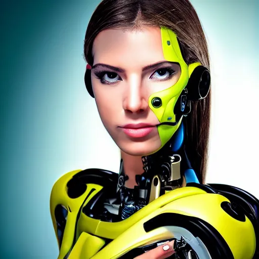 Prompt: portrait photo of a beautiful female cyborg ..............................................looking like a BANANA