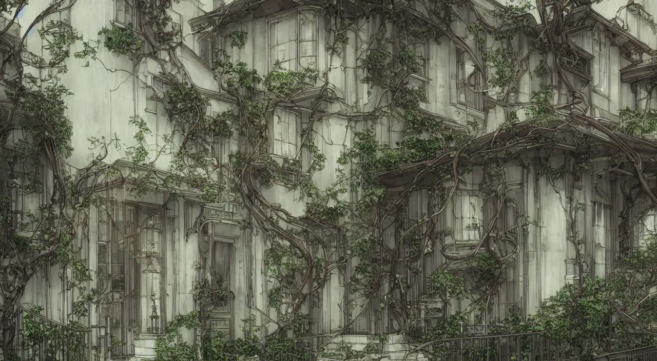 Image similar to house, by akihiko yoshida, ivy, stylized, artstation, atmosphere, by makoto shinkai, hanging vines, photorealistic, baroque, art nouveau, pixiv