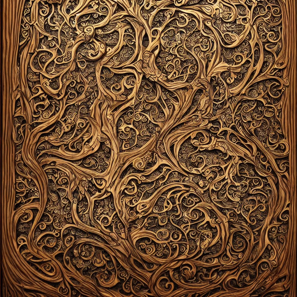 Image similar to wood relief carving of world tree, tree of life, yggdrasil, stygian, evil, shoggoth + exquisite, ornate, intricately carved, fractal, tarot, intricate details, art deco, hokusai, mohrbacher, alphonse mucha, photo realistic, redshift, spotlight