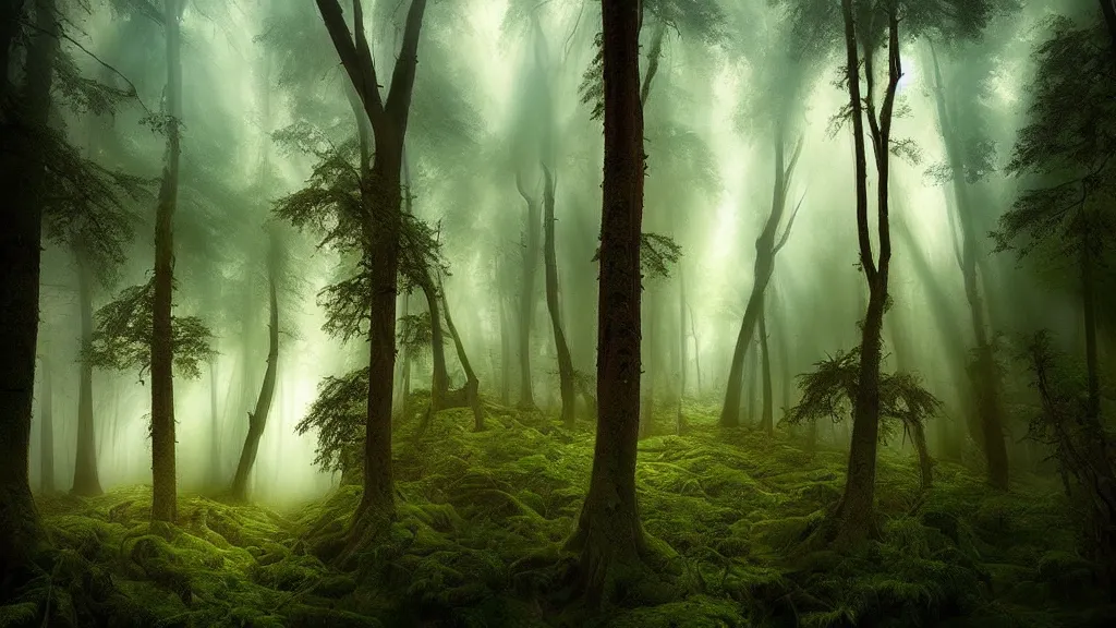 Image similar to amazing landscape photo of a forest by marc adamus, beautiful dramatic lighting