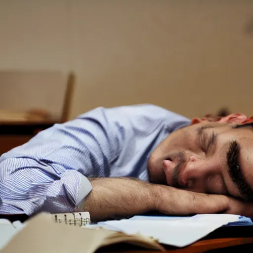 Prompt: a worker asleep between piles of papers