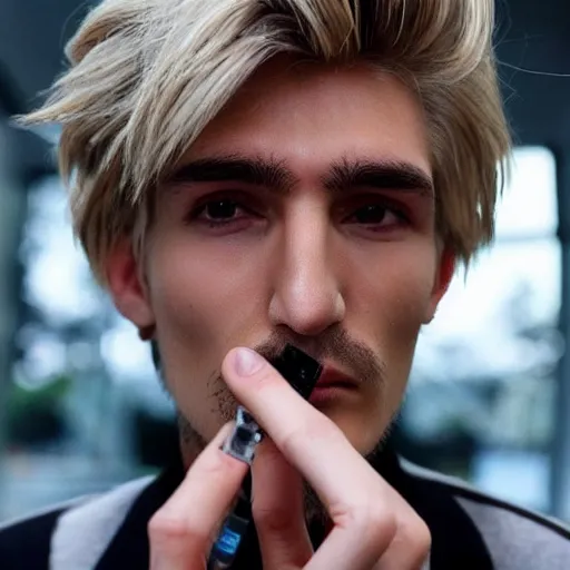 Image similar to a closeup photo of handsome gigachad xqc smoking