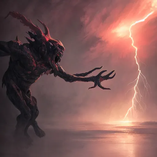 Prompt: a lightning demon fighting a shadow demon at the gates of hell, greg rutkowski, 8 k, shallow depth of field, moody lighting, ultra high detail, concept art,