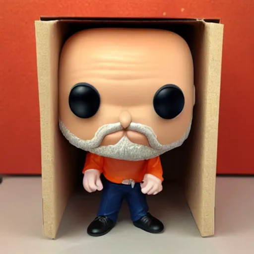 Image similar to funko pop bald man with a large orange beard in funko pop box