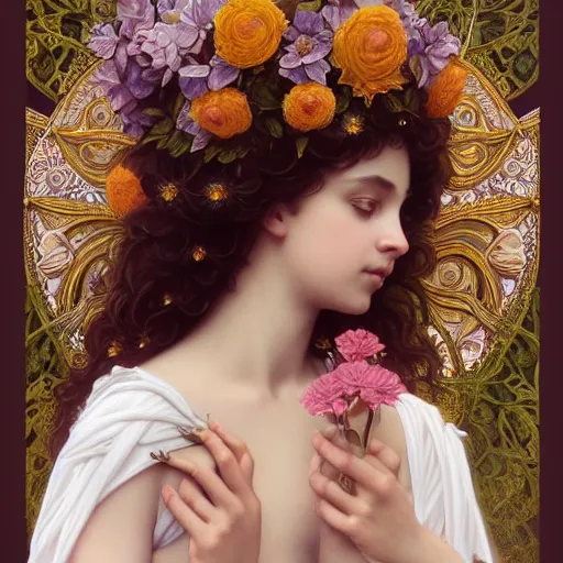 Image similar to portrait of flower goddess, full body, cute detailed face, bay leafes, tendrils, intricate, elegant, highly detailed, digital painting, artstation, concept art, smooth, sharp focus, illustration, art by artgerm and greg rutkowski and alphonse mucha and william - adolphe bouguereau and stephanie law