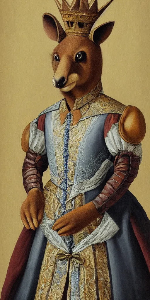 Prompt: anthropomorphic kangaroo in renaissance outfit and crown, painting, canvas, art by eldarzakirov, smooth, sharp focus