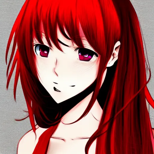 Image similar to anime girl with red hair, confused facial expression, in red dress, portrait, by sakimichan