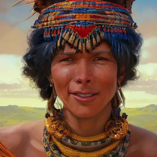 Prompt: an portrait of an happy female inca, detailed, centered, digital painting, artstation, concept art, donato giancola, Joseph Christian Leyendecker, WLOP, Boris Vallejo, Breathtaking, 8k resolution, extremely detailed, beautiful, establishing shot, artistic, hyperrealistic, beautiful face, octane render