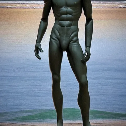 Image similar to “a realistic detailed photo of a guy who is an attractive humanoid who is half robot and half humanoid, who is a male android, Mike the Situation, shiny skin, posing like a statue, blank stare, at the beach, on display”