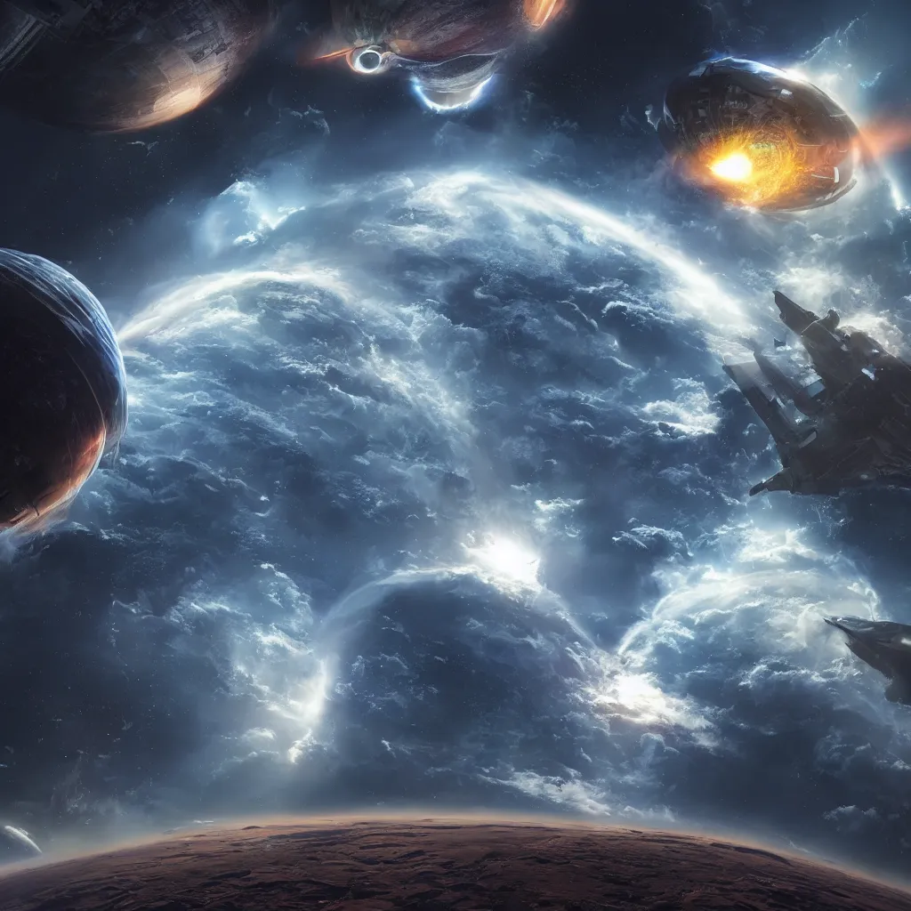 Prompt: An incredibly beautiful but ominous matte painting depicting a space hurrican hitting a planet, nvidia, vray, evening, epic scale, octanerender