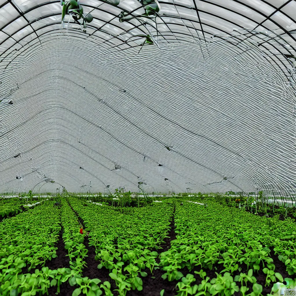 Prompt: zaha hadid style greenhouse, irrigation system in the background, racks of vegetables propagated under shadecloth, in the middle of the desert, with a miniature indoor lake, XF IQ4, 150MP, 50mm, F1.4, ISO 200, 1/160s, natural light at sunset with outdoor led strip lighting