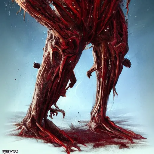 Image similar to scifi art by Greg Rutkowski, hideous monster made of twisted human flesh and reddish ooze, lumpy bloated upper body with elongated and sharp limbs, small head like a ball with two empty holes for eyes, only human beings are its legs, vicious appearance, scifi, space horror, digital painting, artstation, concept art, smooth, sharp foccus ilustration, Artstation HQ.