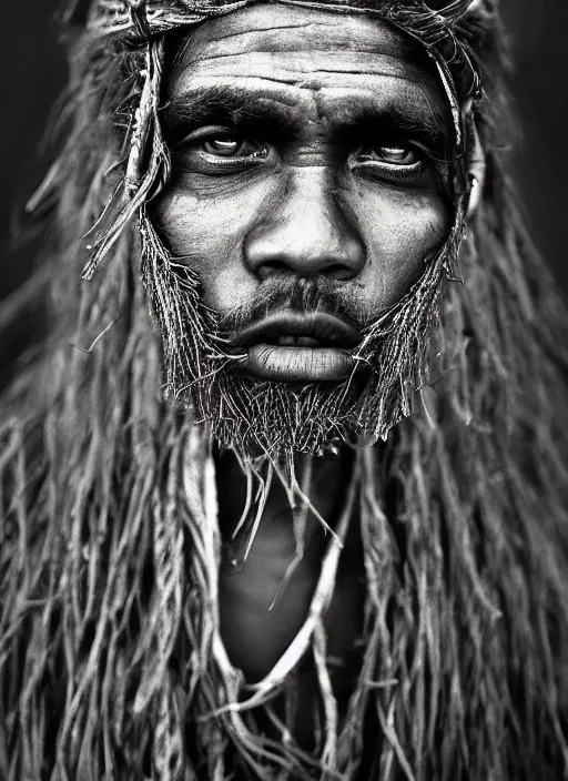 Image similar to Award winning Editorial photo of a Native Nauruans with incredible hair and beautiful hyper-detailed eyes wearing traditional garb by Lee Jeffries, 85mm ND 5, perfect lighting, gelatin silver process