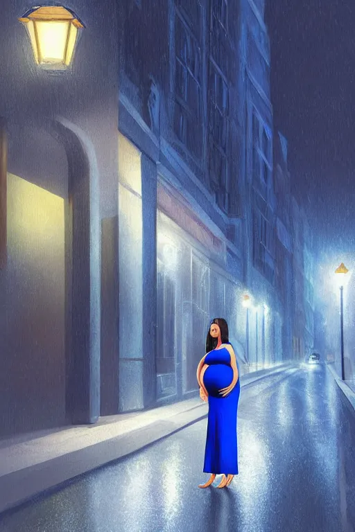 Image similar to pregnant woman in a short blue dress in night under street light, highly detailed, sharp focused, ultra realistic digital concept art by Frederick Sands Brunner