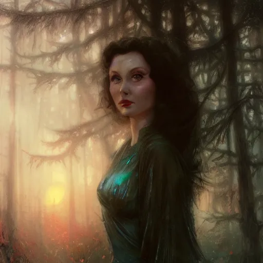 Image similar to a closeup portrait of vivian leigh, magical forest background, gorgeous view, sunset, film noir, depth, by seb mckinnon, by greg rutkowski, by igor kieryluk, digital art, trending on artstation