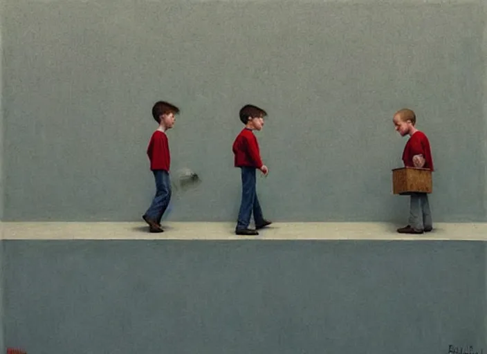 Image similar to a very boring day in school, kids faced away, all wearing identical clothes, painting by quint buchholz and ray caesar, muted colors, gray, dull, boring, low energy, pale blue faces, very detailed, very coherent