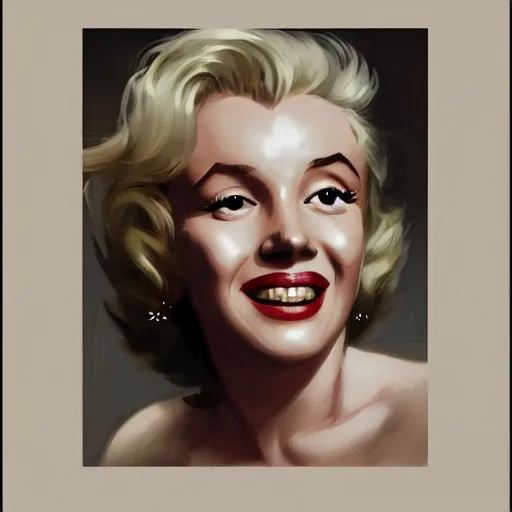 Prompt: single female face portrait : marilyn monroe smiling, young, shy, fine details, realistic shaded lighting poster by greg rutkowski, magali villeneuve, artgerm, jeremy lipkin and michael garmash and rob rey