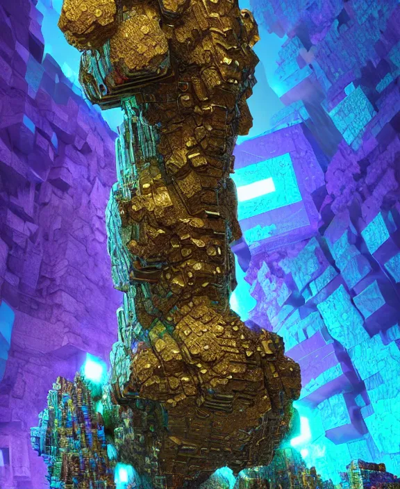 Image similar to giant art of fractal bismuth golem consists of bismuth geodes, fractalization, extremely high details, masterpiece, photorealistic, hyperrealism, vray, octane render, volumetric lighting, depth of field, bokeh, artstation, cgsociety by johannen voss, michael whelan, greg broadmore, frank frazetta