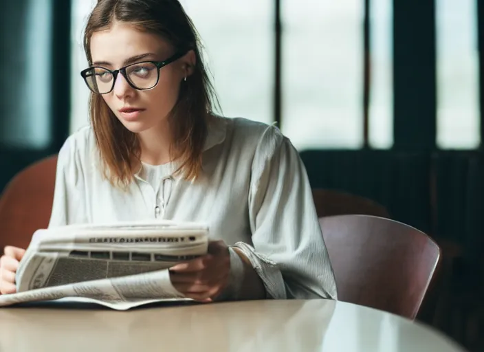 Image similar to film still. young woman. sitting at a table. reading a newspaper. in public cafeteria. extremely detailed. 4 k.