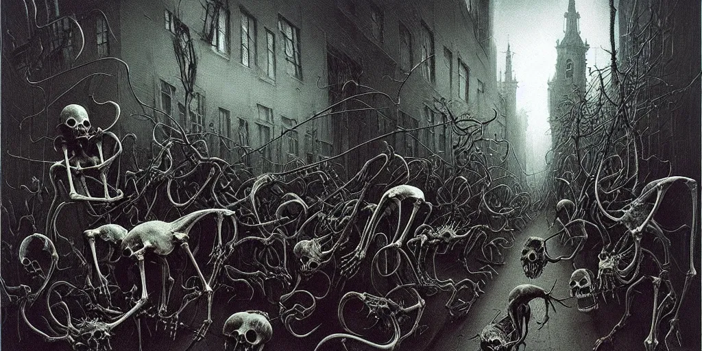 Prompt: painting of catlike creatures with surrealistic morphed skeletons roaming the streets of Amsterdam, Zdzislaw Beksinski, Wayne Barlowe, Joe Fenton, gothic, cosmic horror, biomorphic, lovecraftian, amazing details, cold hue's