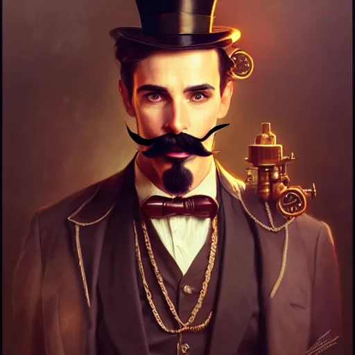 Prompt: a cinematic portrait scene male steampunk gentleman with a big mustache, intricate, elegant, highly detailed, digital painting, artstation, concept art, smooth, sharp focus, illustration, art by artgerm and greg rutkowski and alphonse mucha