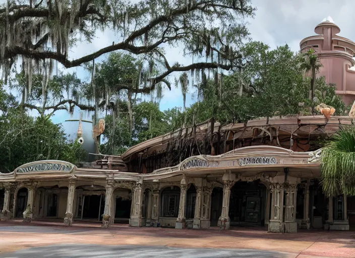 Prompt: cinematic shot of the outside of the Disney world park, shut down, abandoned, Florida, out of business, castle is falling apart, got shut down, kids place, liminal spaces, backrooms, empty, overgrown, Disney world, Disney land, theme park, roller coasters, Disney