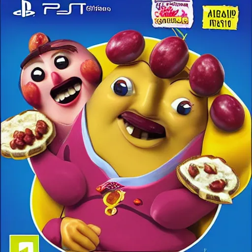Prompt: playstation 3 game box cover featuring the california raisins.