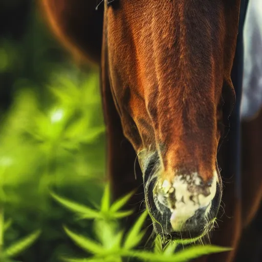 Image similar to close up photograph of very high on weed humanoid horse, stoner eyes, the humanoid horse smoked weed, weed background, smoking a blunt, 8 k resolution