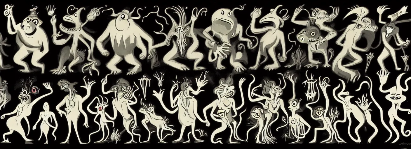 Image similar to whimsical creatures from the depths of the collective unconscious, dramatic lighting, surreal dark 3 0 s fleischer cartoon characters